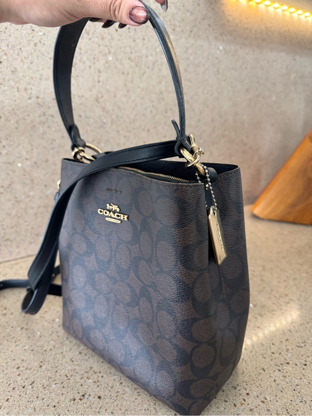 Coach Brown Signature Canvas Shoulder Bag with Black Trim